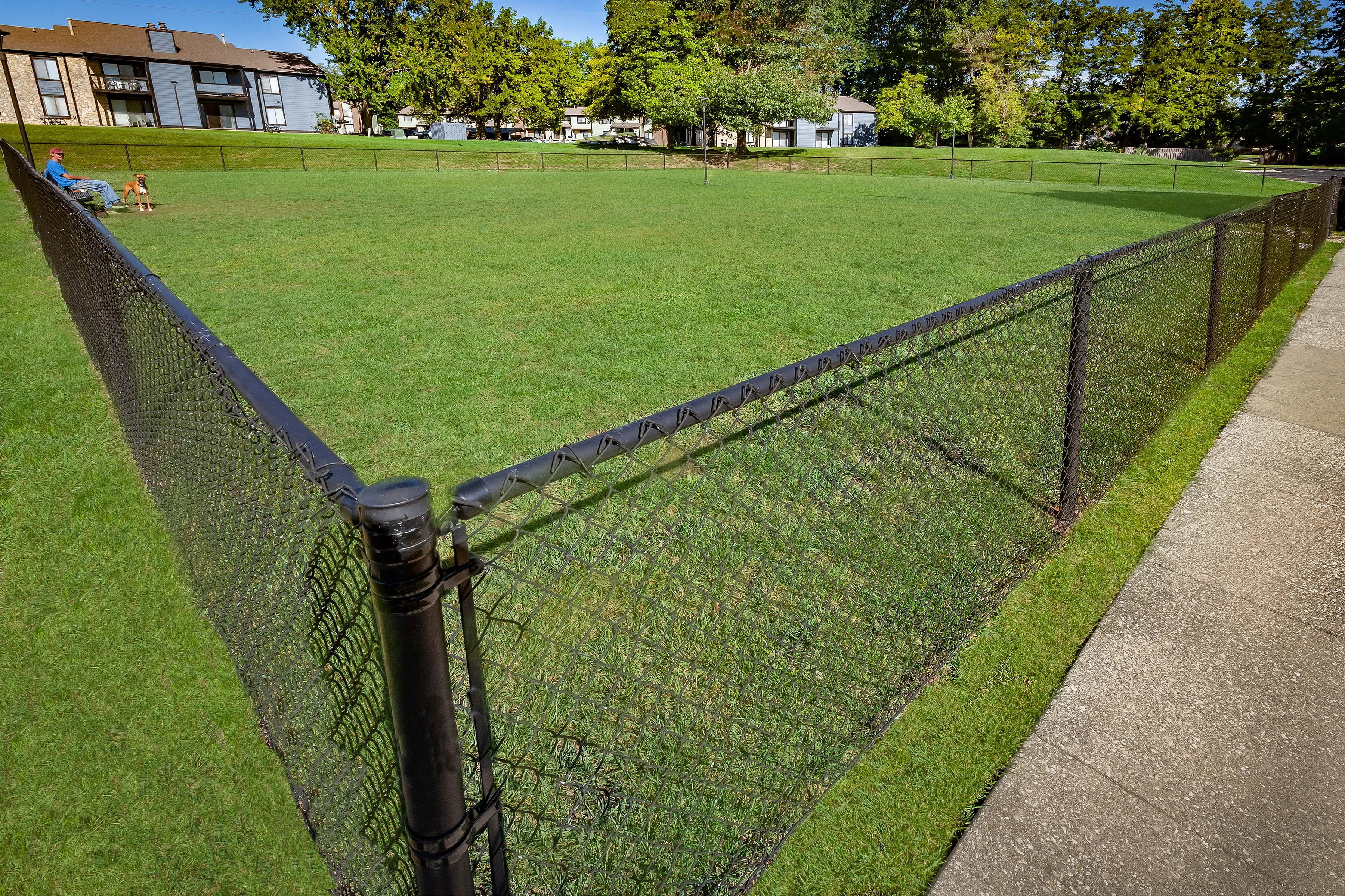 Expansive open green space with secure fencing, ideal for outdoor leisure and pet activities.