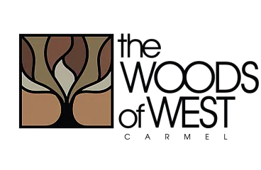 Elegant logo for The Woods of West Carmel, featuring a stylized tree design in earthy tones.