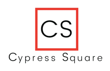 Modern Cypress Square logo with a sleek red-bordered square and stylized 'CS' initials, embodying contemporary elegance.
