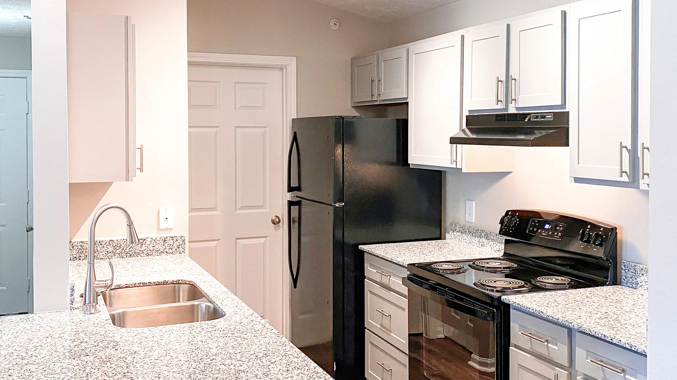 Modern kitchen with sleek granite countertops, stainless steel sink, and elegant cabinetry, perfect for stylish cooking adventures.