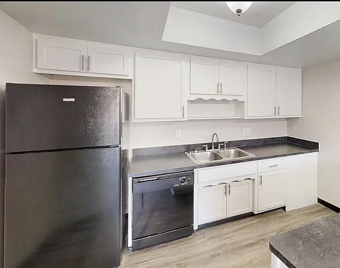 Modern kitchen with sleek black appliances, white cabinetry, and spacious countertops, offering a stylish and functional cooking area.