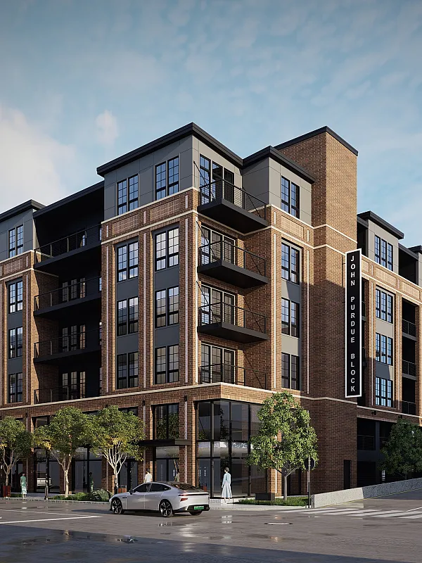 Modern urban apartment building with sleek brick facade and large windows, featuring trees and luxury cars in the forefront.