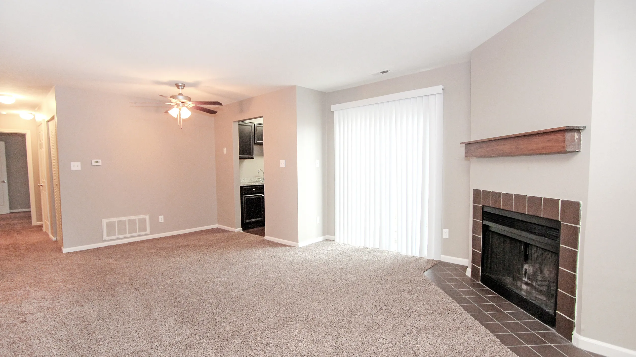 Inviting living room with plush carpeting, cozy fireplace, and natural light from sliding doors, adjacent to a sleek kitchen.