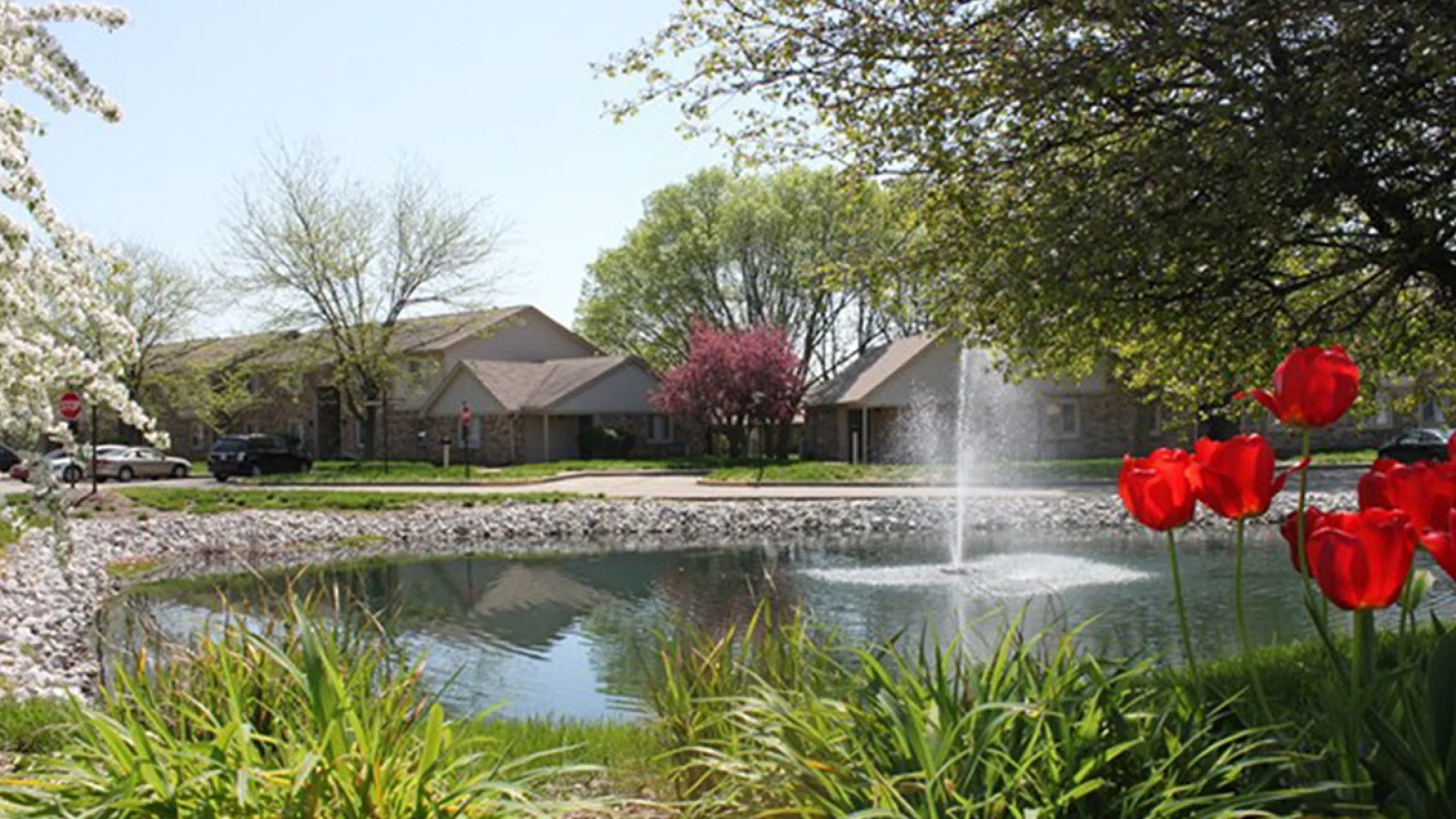 Charming residential scene with vibrant red tulips by a tranquil pond featuring a central fountain, framed by lush trees and cozy homes, perfect for peaceful living.