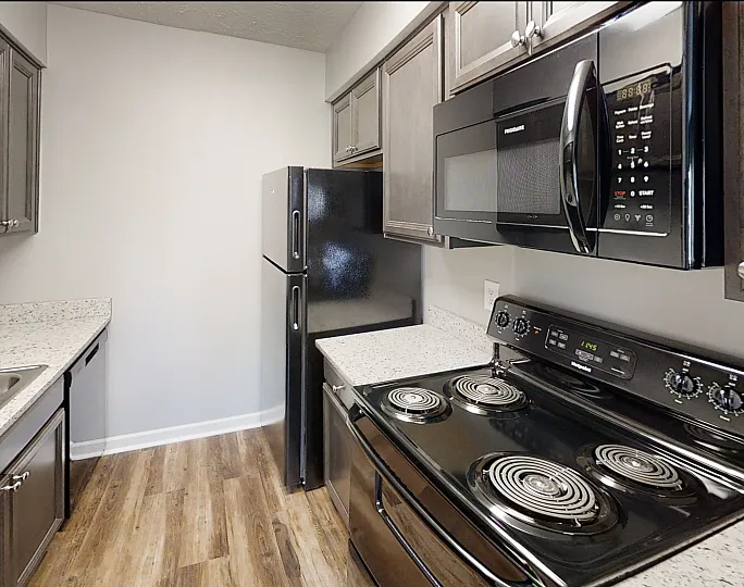 Modern kitchen with sleek dark cabinetry, granite countertops, stainless steel sink, and black appliances, featuring a chic design and ample storage.