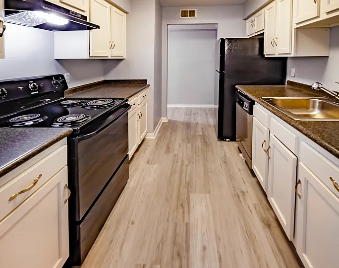 Charming galley kitchen featuring modern black appliances, sleek countertops, and ample cabinetry in a cozy space.