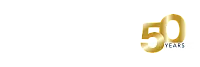 Elegant Barrett & Stokely 50th anniversary logo with a sleek gold and white design.