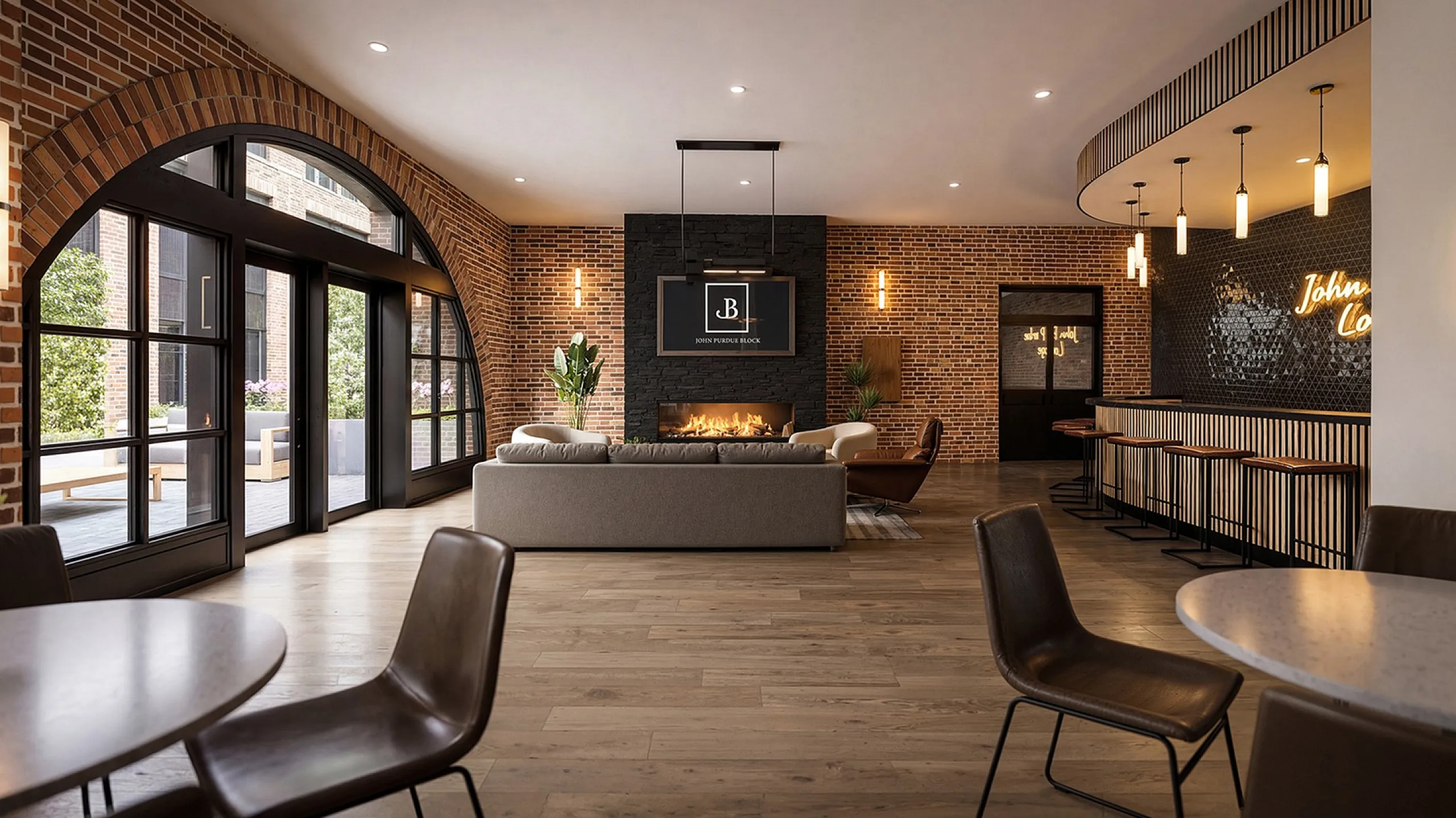Luxurious modern lounge featuring elegant brick walls, a cozy fireplace, and stylish seating with expansive windows.