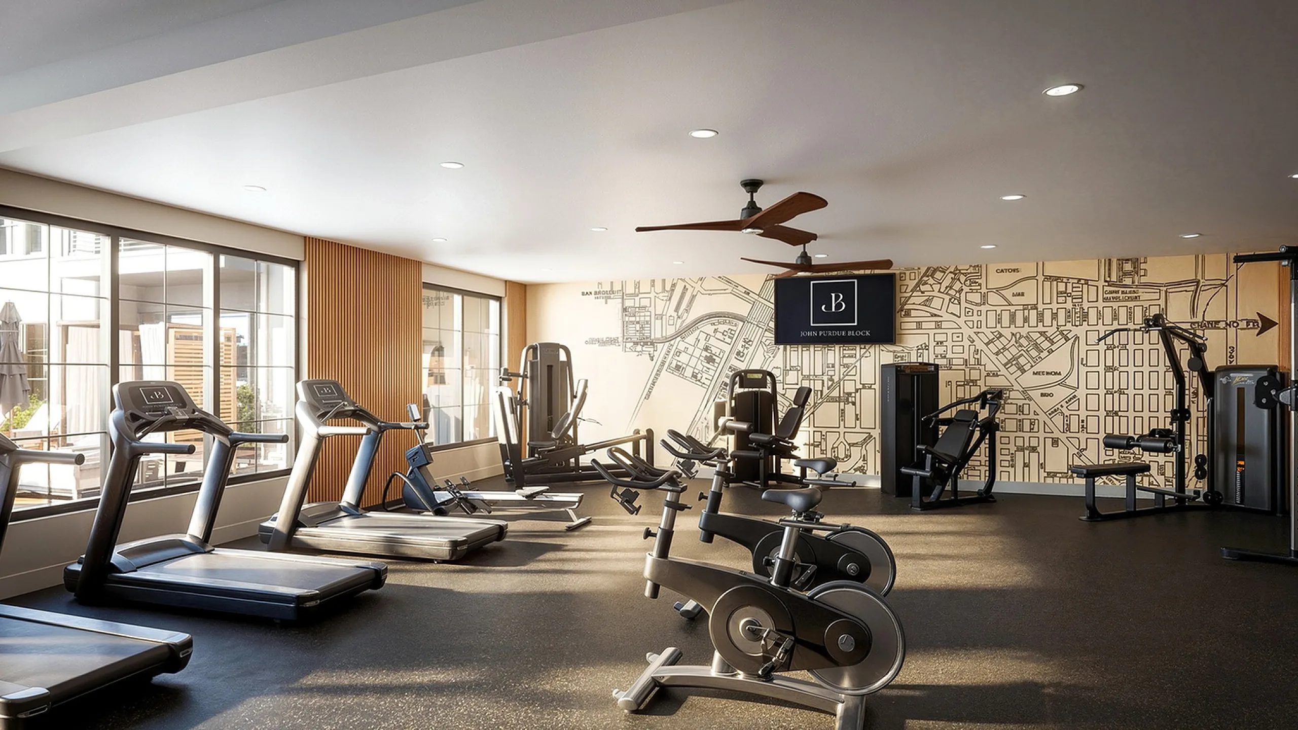 Modern fitness center with state-of-the-art exercise machines and stylish urban decor.