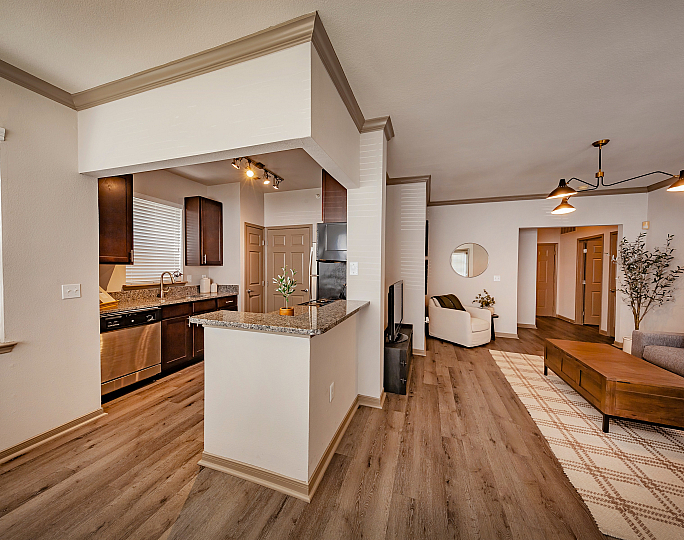 Inviting open-plan apartment showcasing a modern kitchen with stainless steel appliances, cozy living area with elegant lighting, and stylish wood flooring.