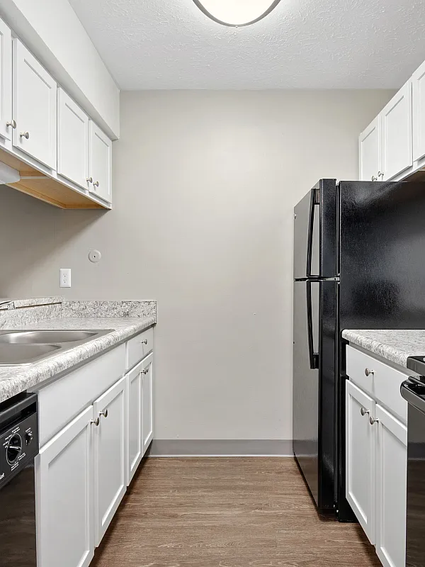 Contemporary kitchen with sleek black appliances, elegant white cabinetry, and stylish granite countertops.