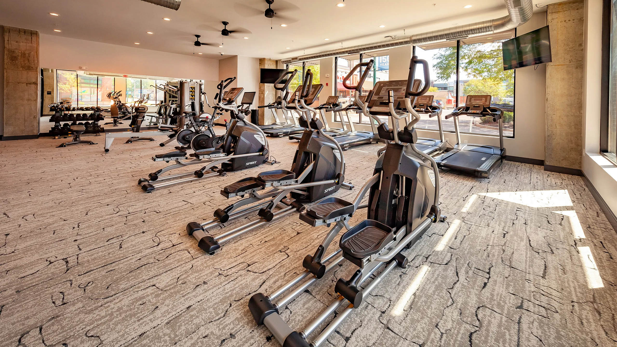Modern, well-equipped gym with high-end exercise machines, large windows, and ample natural light creating a vibrant workout space.