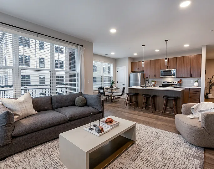 Bright and modern open-concept living space featuring a sleek kitchen with stainless steel appliances, stylish bar stools, and a cozy living area with a plush gray sofa and elegant decor.