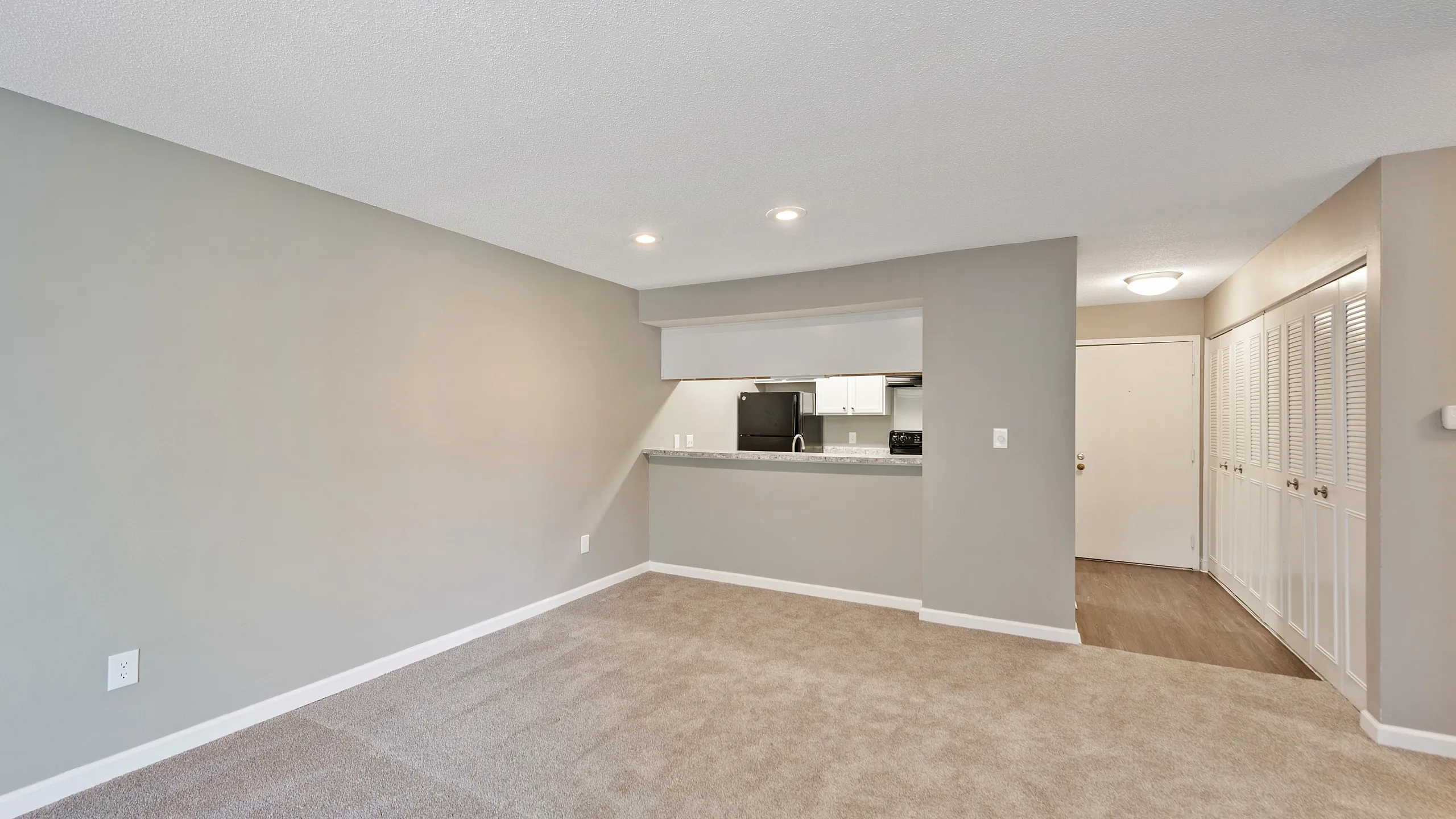 Modern open-concept living area with soft carpeting, featuring a view into a chic kitchen and sleek light fixtures.