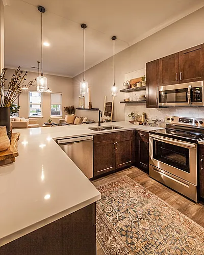 Modern kitchen with elegant dark wood cabinets, stainless steel appliances, and a cozy open-concept living area with warm lighting.