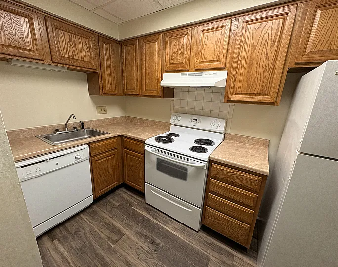 Charming kitchen with elegant wooden cabinetry, modern appliances, and sleek countertops in a cozy apartment setting.