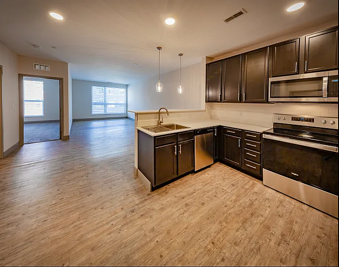 Bright and spacious open-concept kitchen and living area with modern dark wood cabinetry and sleek appliances, perfect for entertaining.