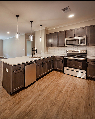 Modern apartment with open-concept kitchen featuring stainless steel appliances, elegant dark cabinetry, and chic pendant lighting, leading to a spacious living area with large windows and hardwood floors.