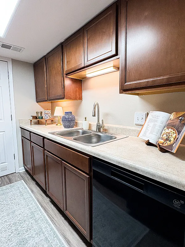 Main Street cozy, modern kitchen with elegant wooden cabinetry, sleek countertops, and stainless steel appliances, perfect for culinary enthusiasts.