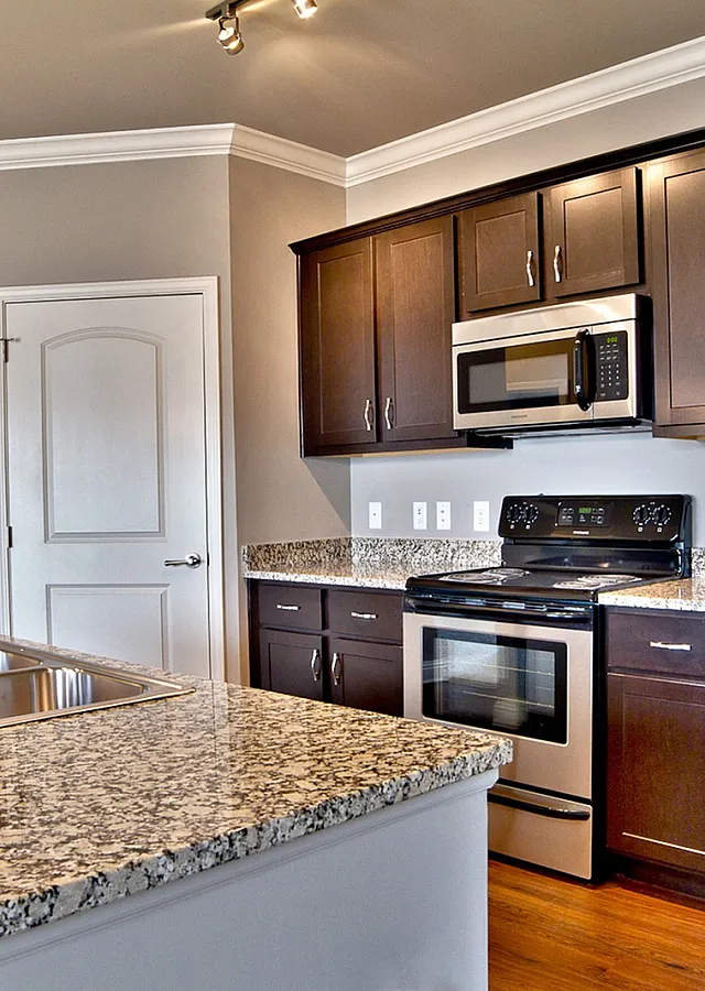 Modern kitchen with sleek dark wood cabinets, stainless steel appliances, and elegant granite countertops illuminated by stylish pendant lighting.