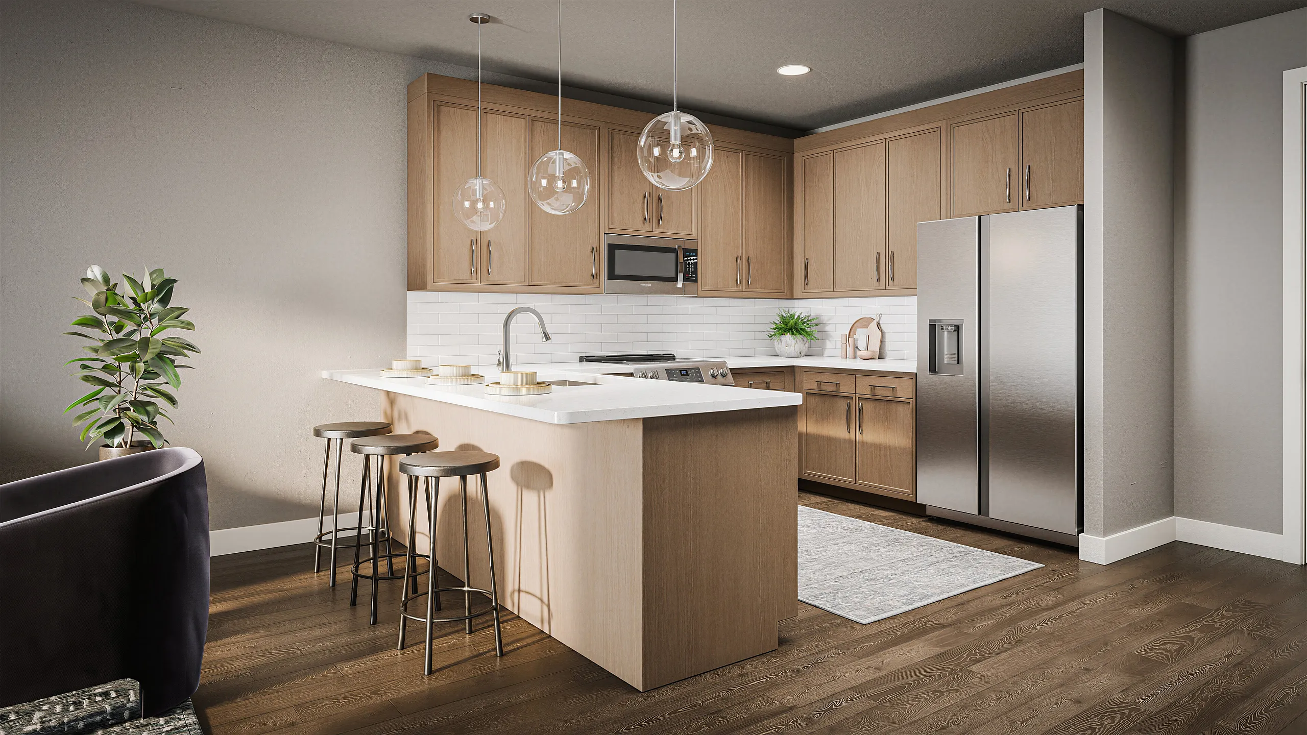 Modern kitchen with sleek wooden cabinetry, stainless steel appliances, and a stylish island with bar seating under elegant pendant lighting.