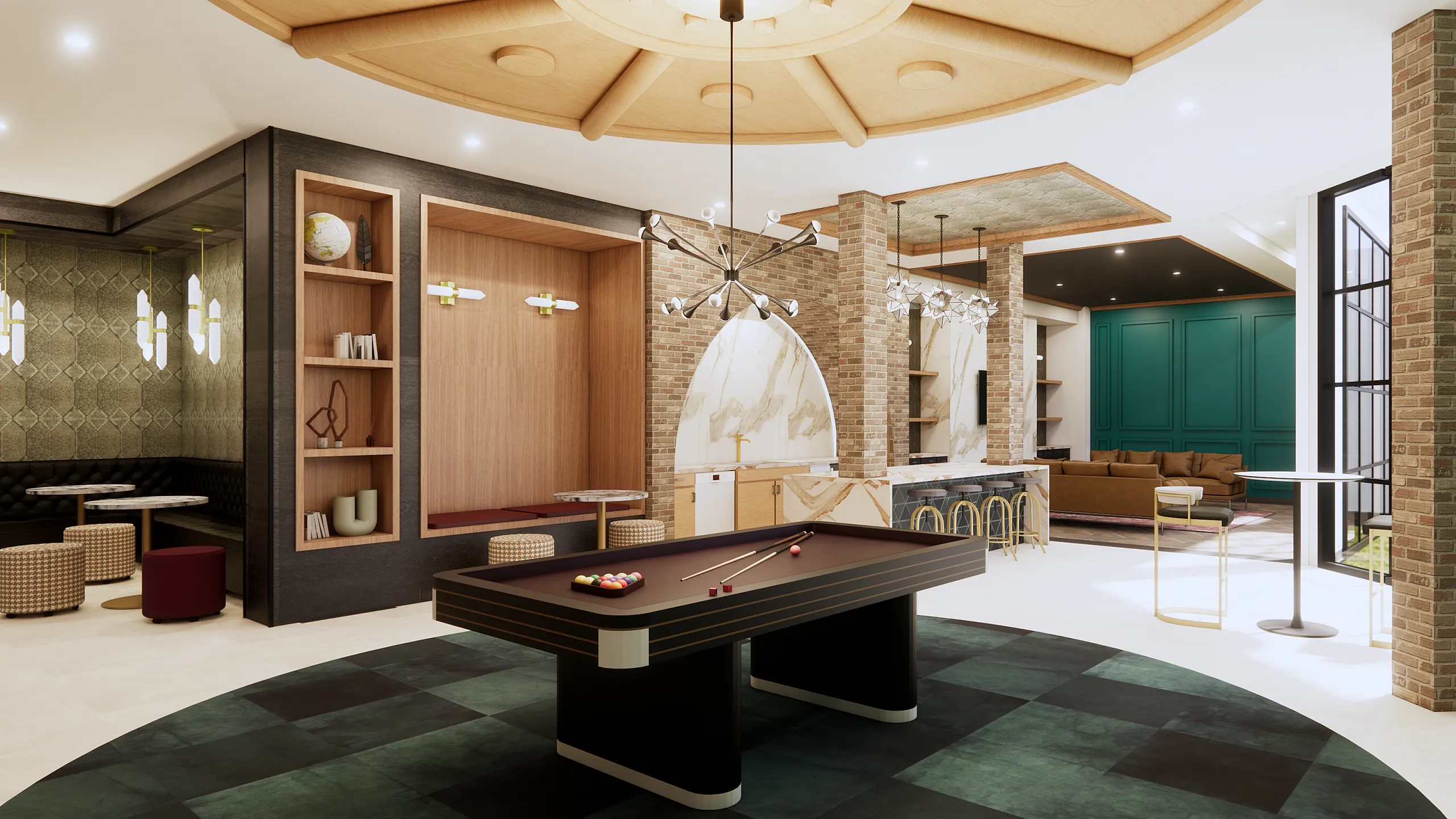 The Vault on Main lounge featuring a modern pool table, stylish bar area, and cozy seating with contemporary decor.