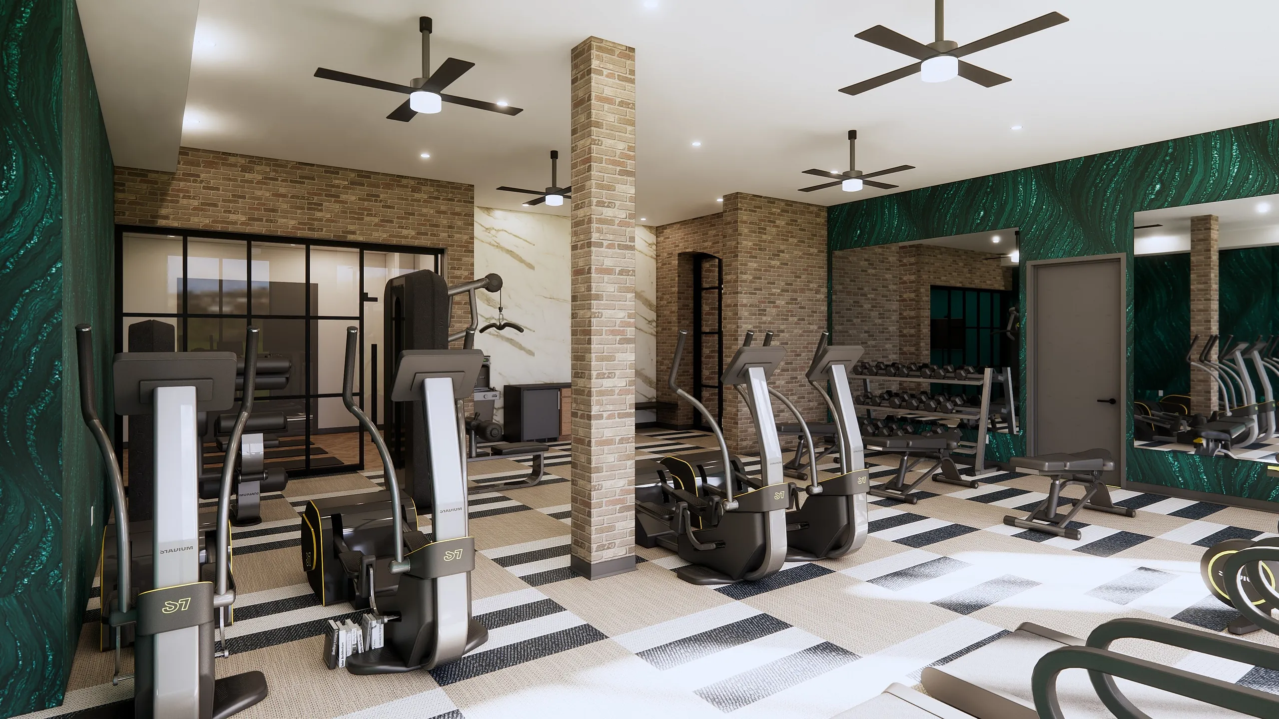 Vault on Main modern exercise equipment, sleek design, and stylish brick accents for an upscale fitness experience.