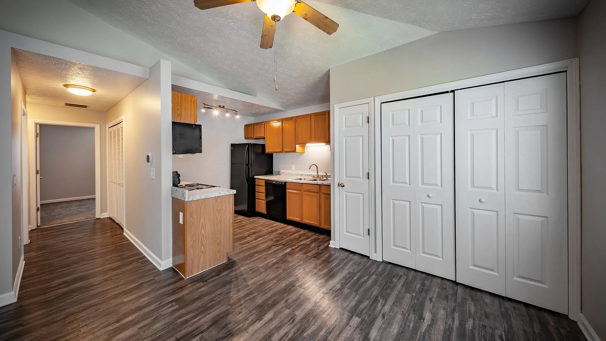 Inviting open-concept apartment with modern kitchen, elegant wooden flooring, and ample natural light.