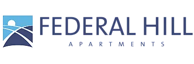 Federal Hill Apartments logo featuring a stylized blue landscape with rising sun.