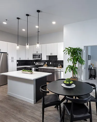 The Elex: Modern open-concept kitchen and dining area with stainless steel appliances, elegant pendant lighting, and sleek black furniture, offering a stylish and functional living space.