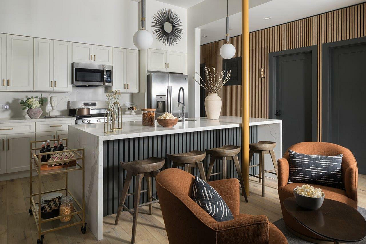 Bright and stylish kitchen featuring sleek appliances