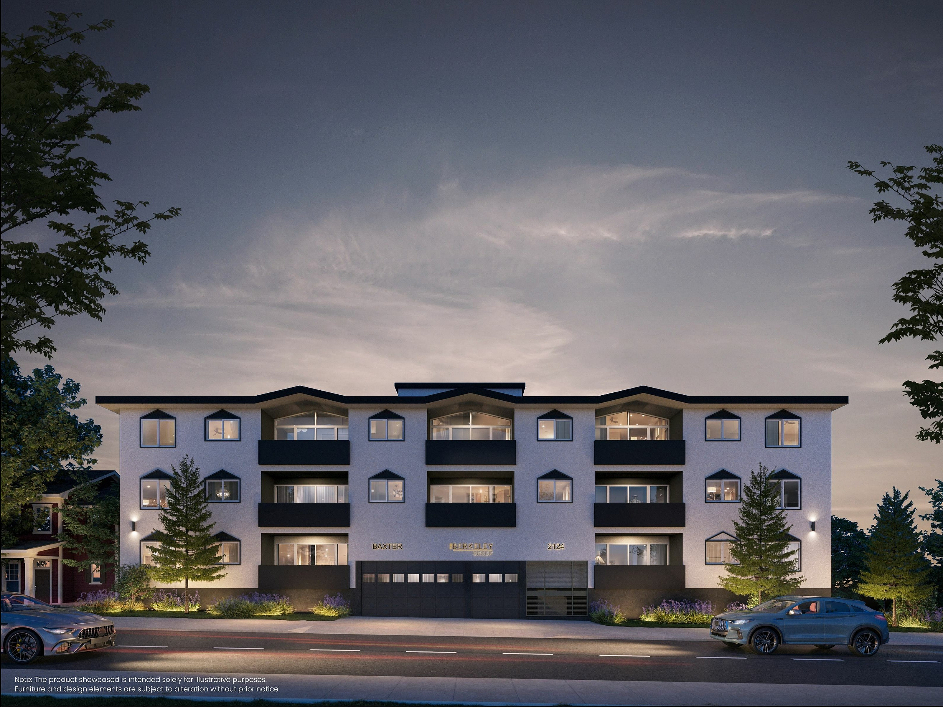 Modern apartment building exterior at dusk, featuring unique architectural design with illuminated windows and sleek balconies.
