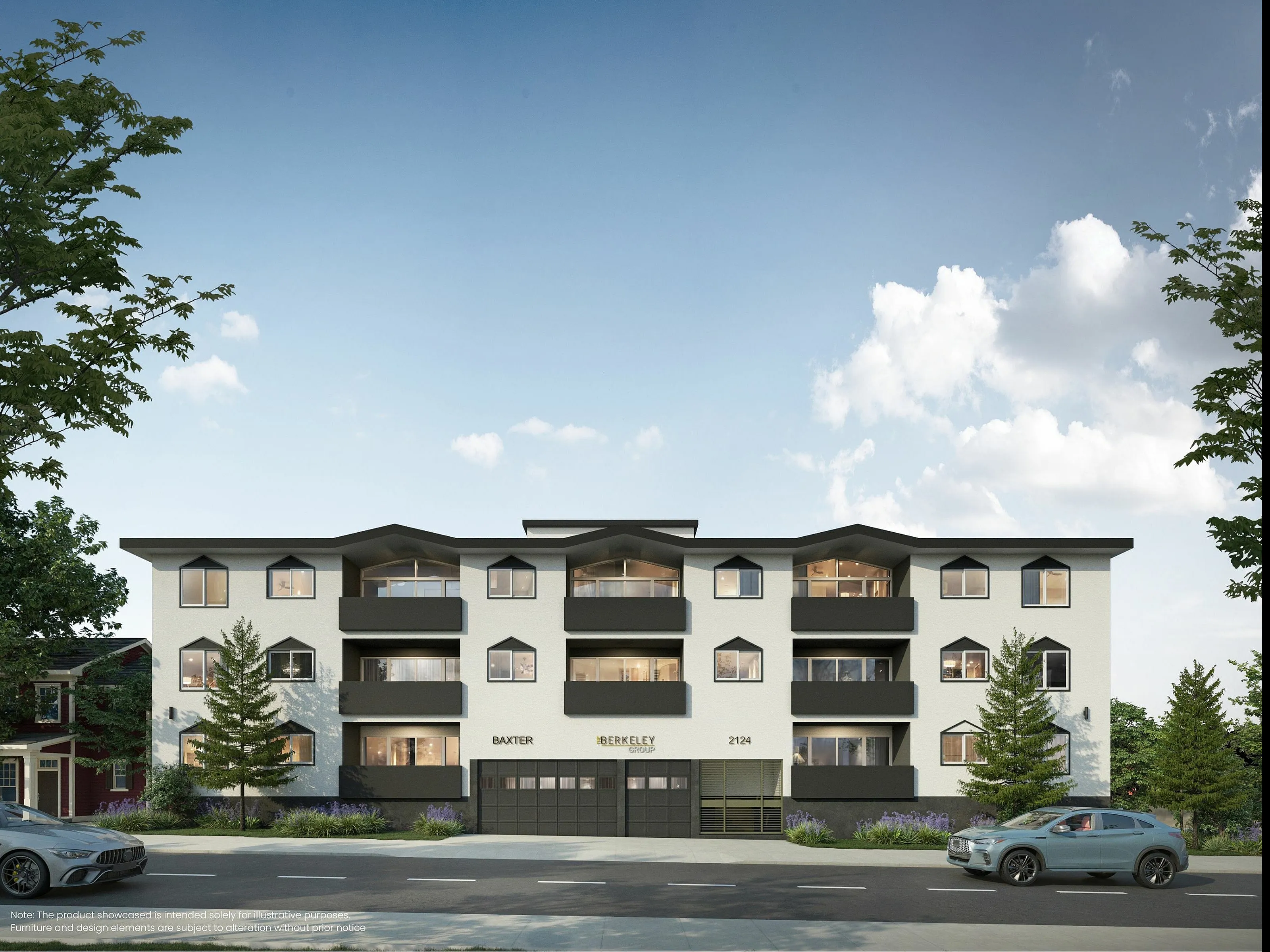 Contemporary apartment complex with modern black and white facade, featuring spacious balconies and surrounded by lush greenery and trees.