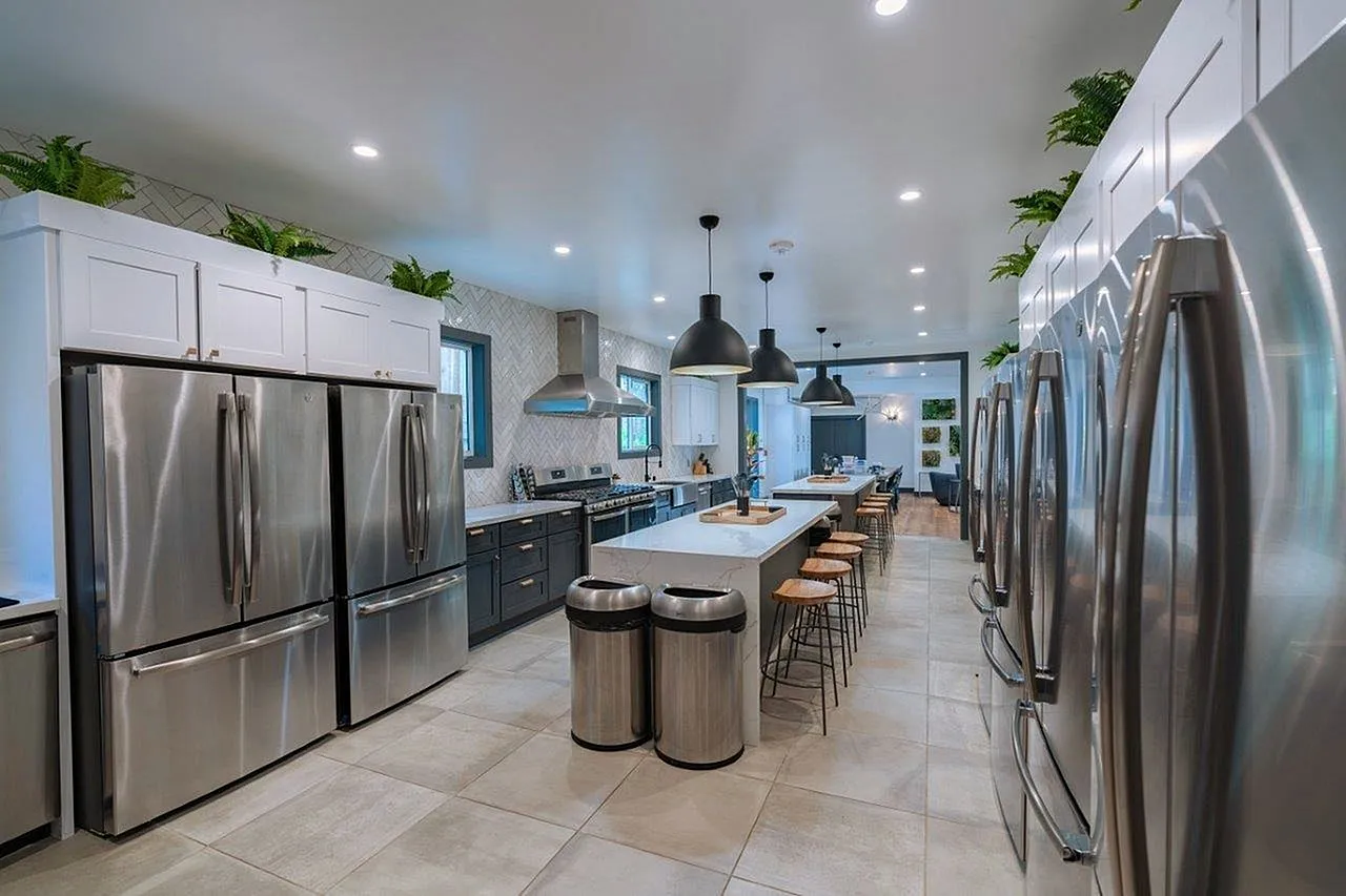 Modern gourmet kitchen with sleek stainless steel appliances, elegant pendant lighting, and spacious island seating, ideal for entertaining.