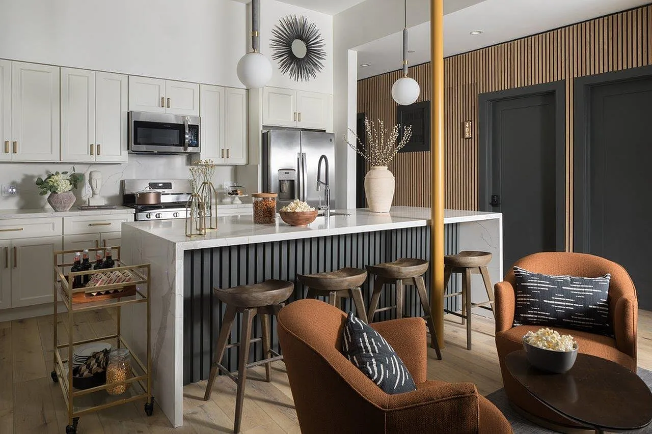 Living room with modern and contemporary furnishings.