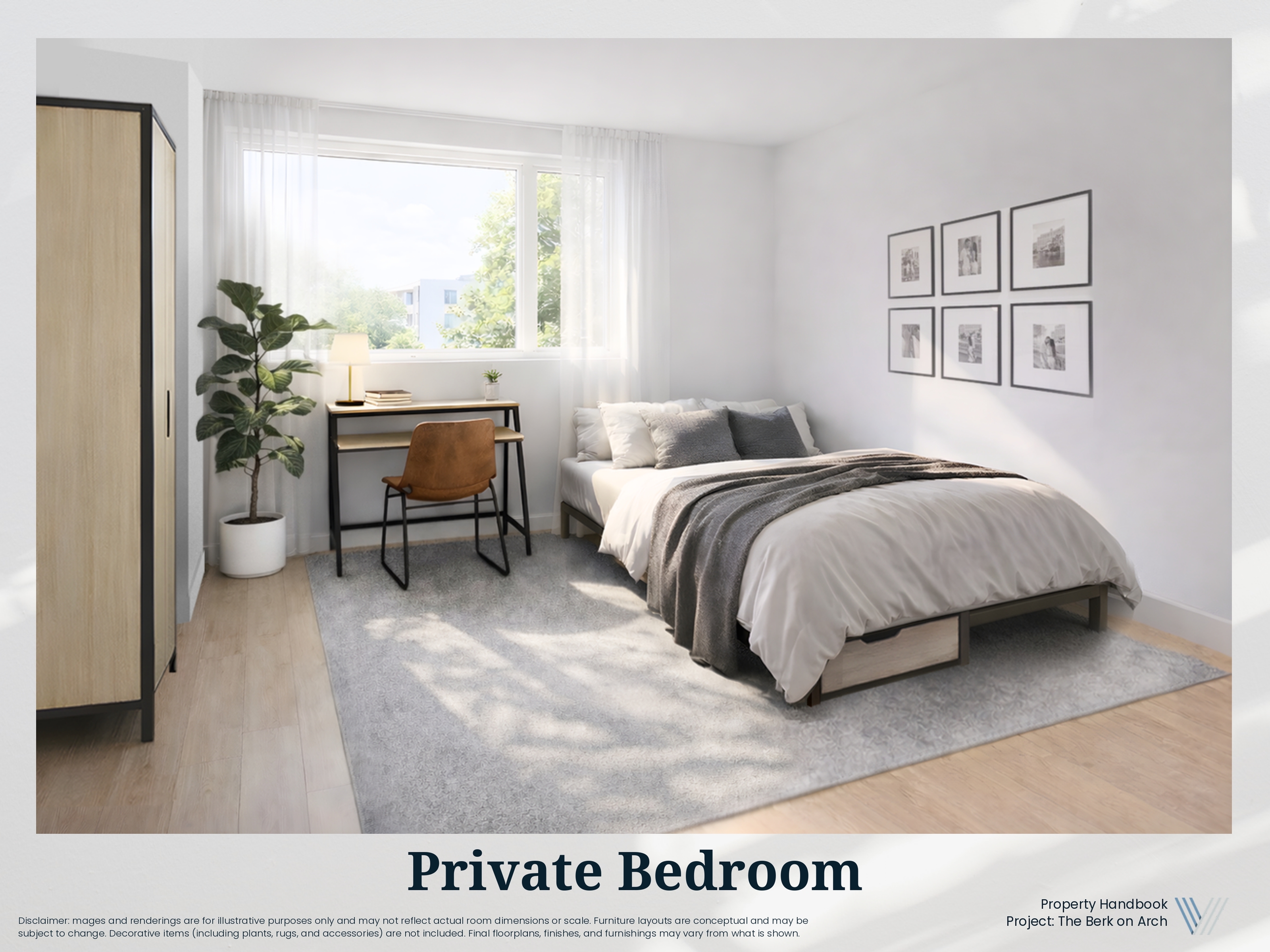 Bright and inviting private bedroom with a cozy bed, stylish desk, and a large window offering natural light.