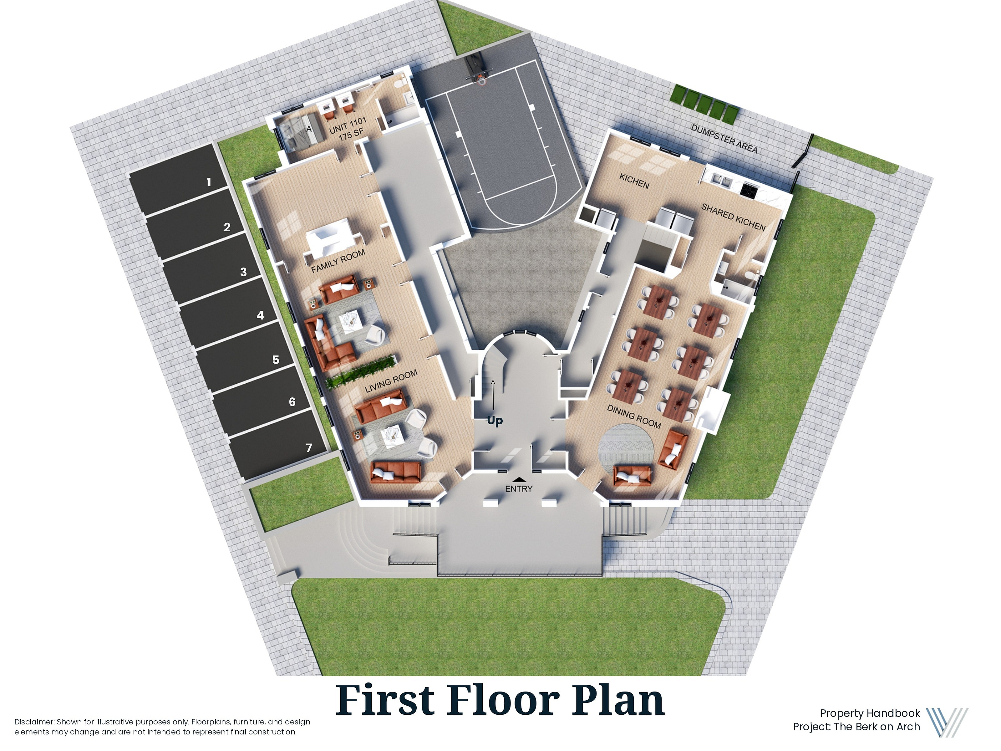 Inviting first floor plan showcasing two living areas, a shared kitchen, and a dining room, complemented by outdoor access and dedicated parking spaces for modern living.
