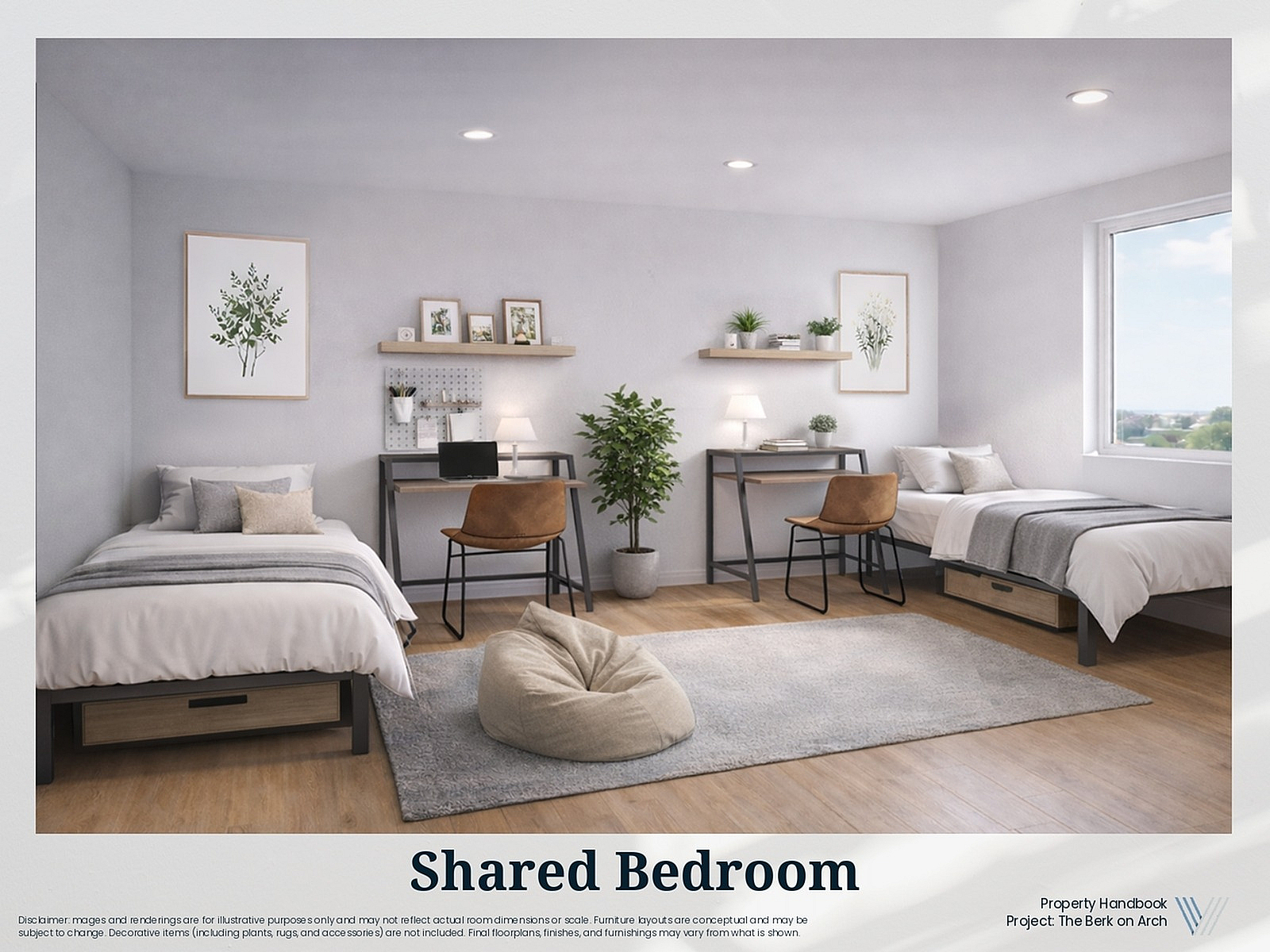 Bright and modern shared bedroom with two cozy beds, stylish desks, and abundant natural light.