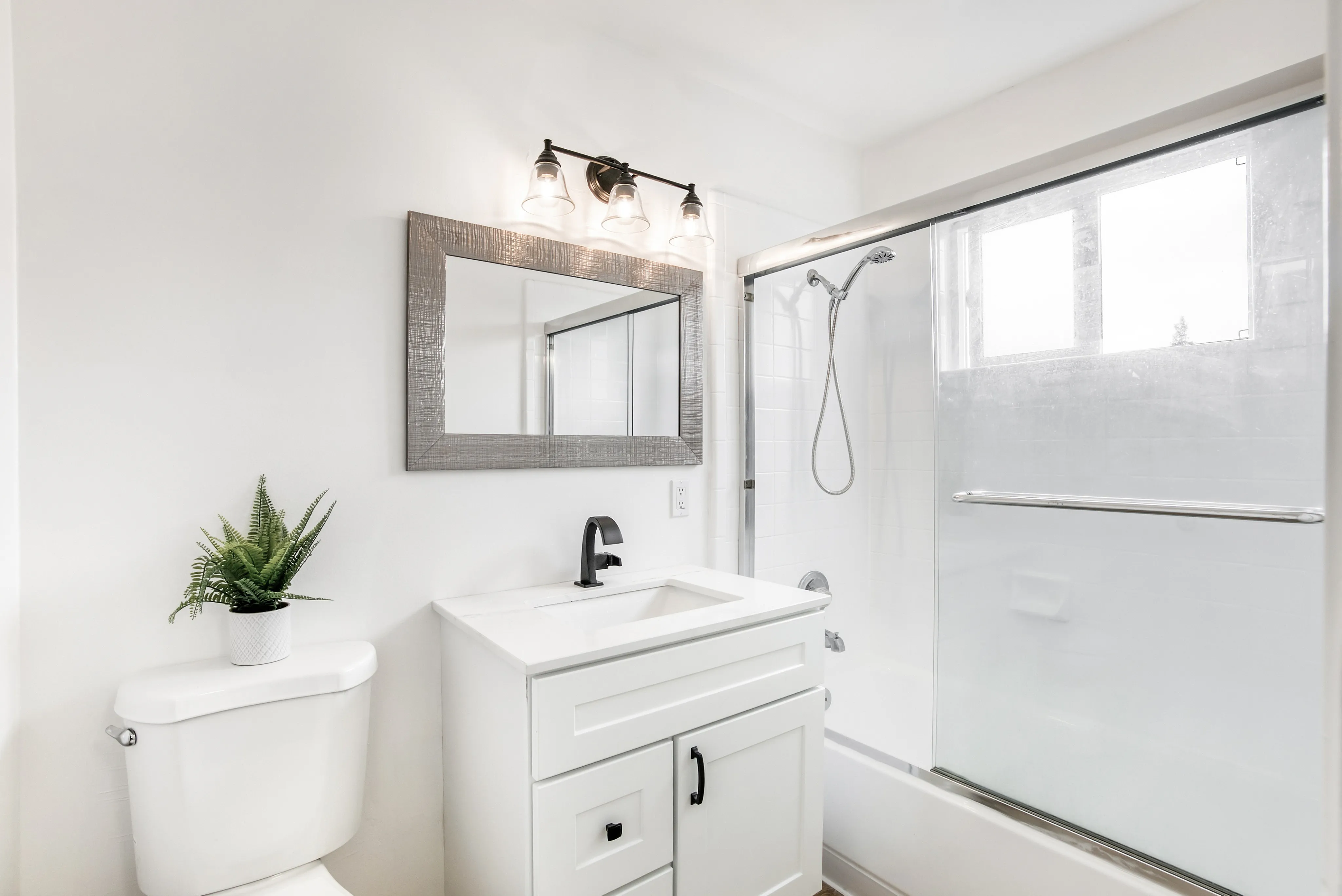 Elegant bathroom with a sleek, modern design featuring a glass shower, stylish vanity, and lush green plant decoration.