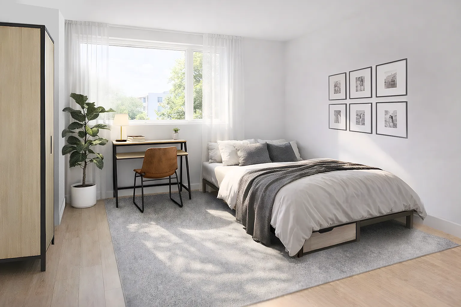Inviting bedroom with abundant natural light, featuring a cozy bed, stylish work desk, lush potted plant, and elegant wall art.
