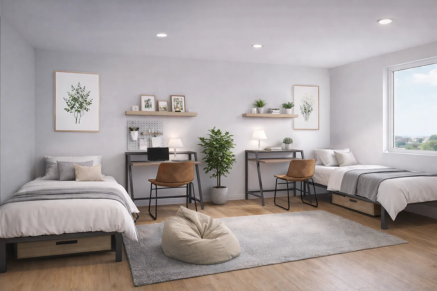 Contemporary double bedroom featuring twin beds with sleek workspace, cozy lighting, and a refreshing view.