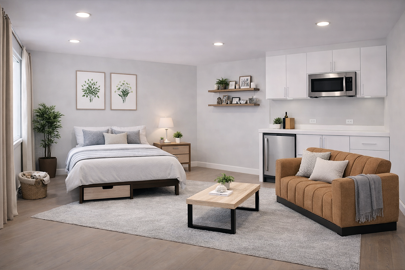 Modern studio apartment with cozy bed, stylish sofa, and sleek kitchenette. Bright and welcoming with elegant decor and ample lighting.