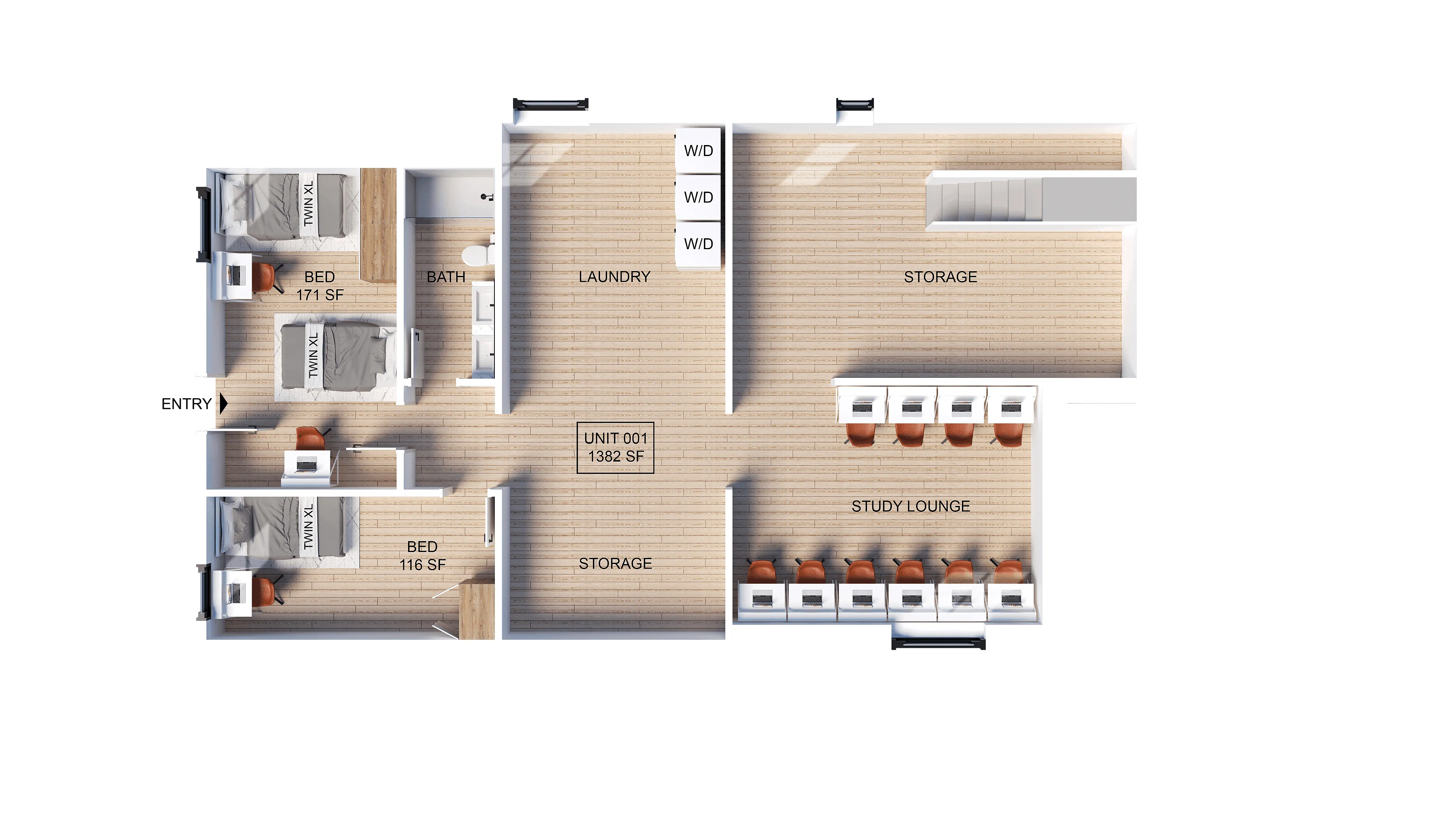 Chic floor plan showcasing 2 bedrooms, modern bathroom, spacious laundry, ample storage, and inviting study lounge in a 1382 sq ft unit.