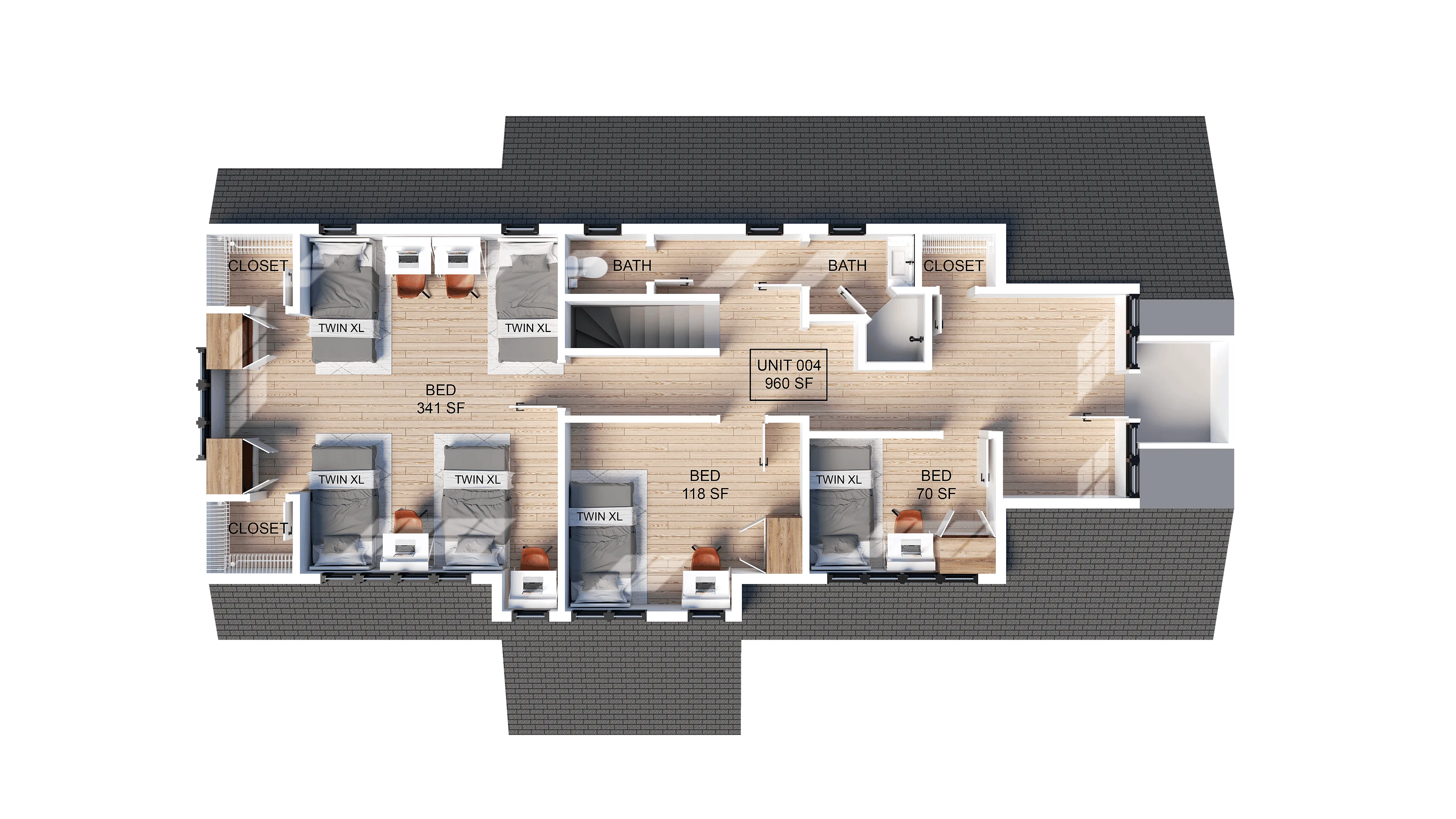 Chic floor plan showcasing a versatile unit with 3 spacious bedrooms, modern fittings, and ample storage space across 960 square feet.
