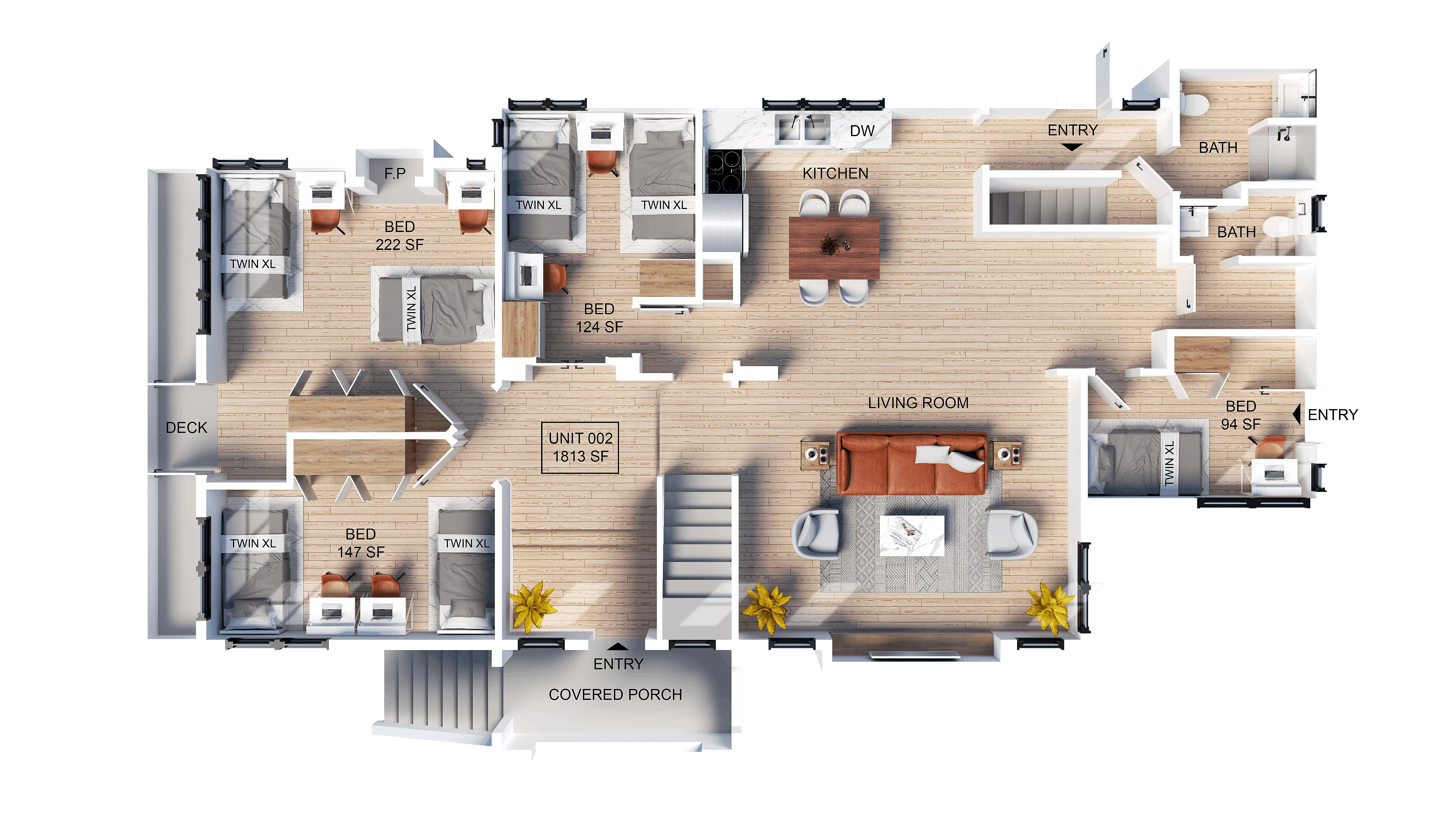 Elegant floor plan showcasing a spacious 4-bedroom apartment with an open kitchen, inviting living room, and private deck, spread across 1813 sq ft.