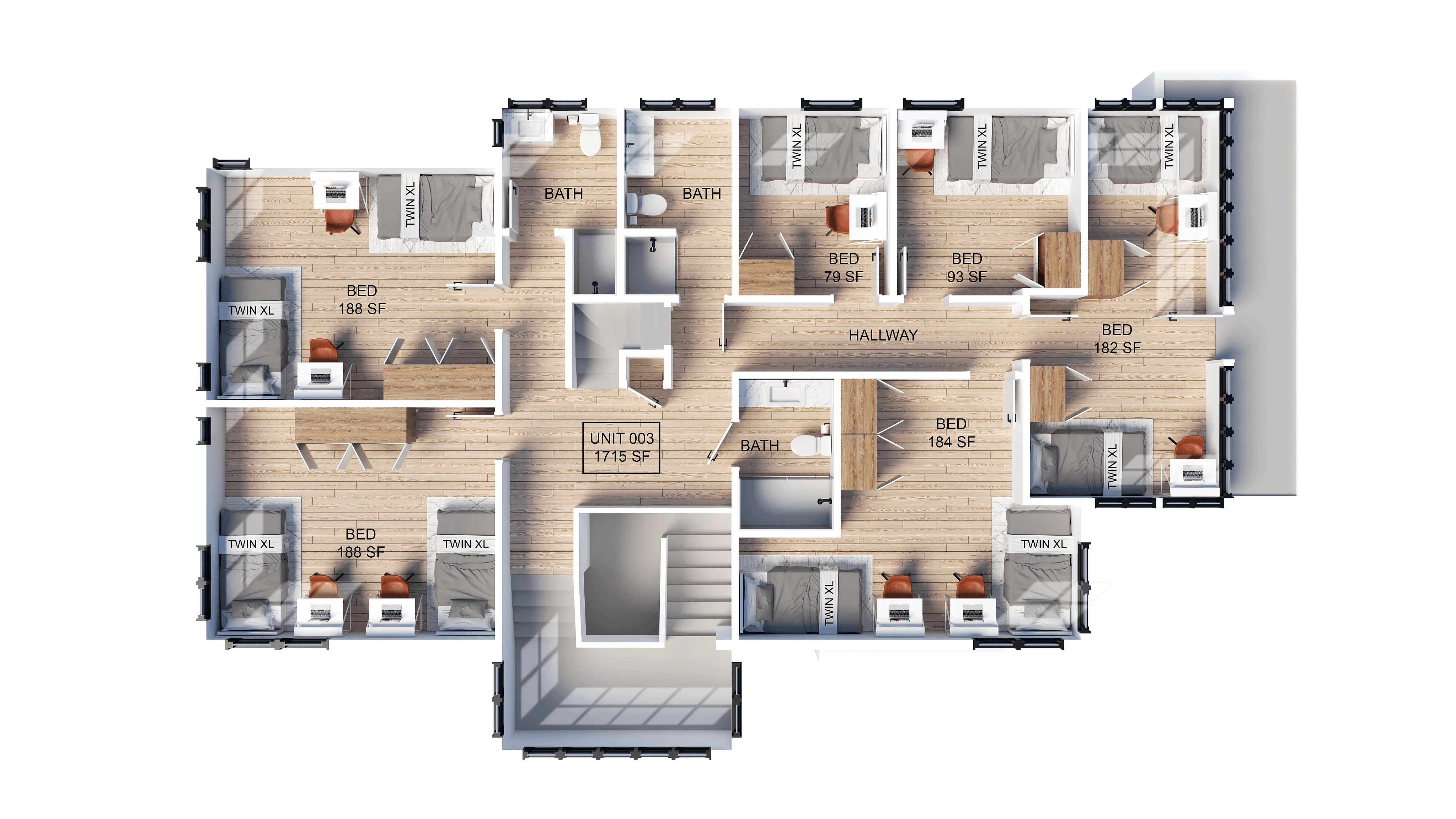 Inviting floor plan of Unit 003 showcasing six cozy bedrooms with ample natural light, three modern bathrooms, and a spacious hallway, totaling 1715 sq ft.