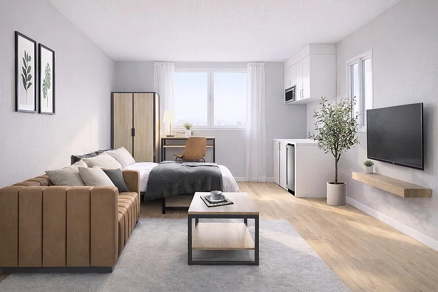 Modern studio apartment with elegant decor, featuring a cozy bed, stylish sofa, and compact kitchen area in a bright, natural light-filled space.