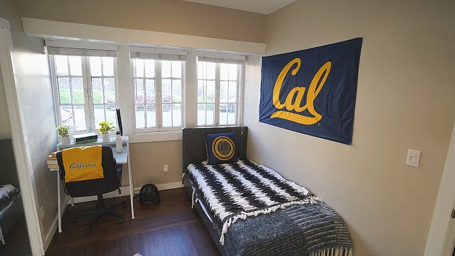 Cozy bedroom with a study nook, featuring a single bed, vibrant decor, and ample natural light through large windows.