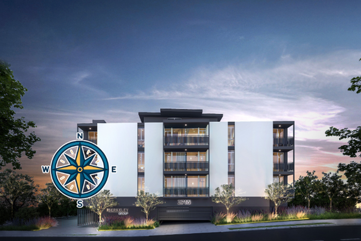 Contemporary apartment building exterior with sleek balconies set against a stunning sunset sky.
