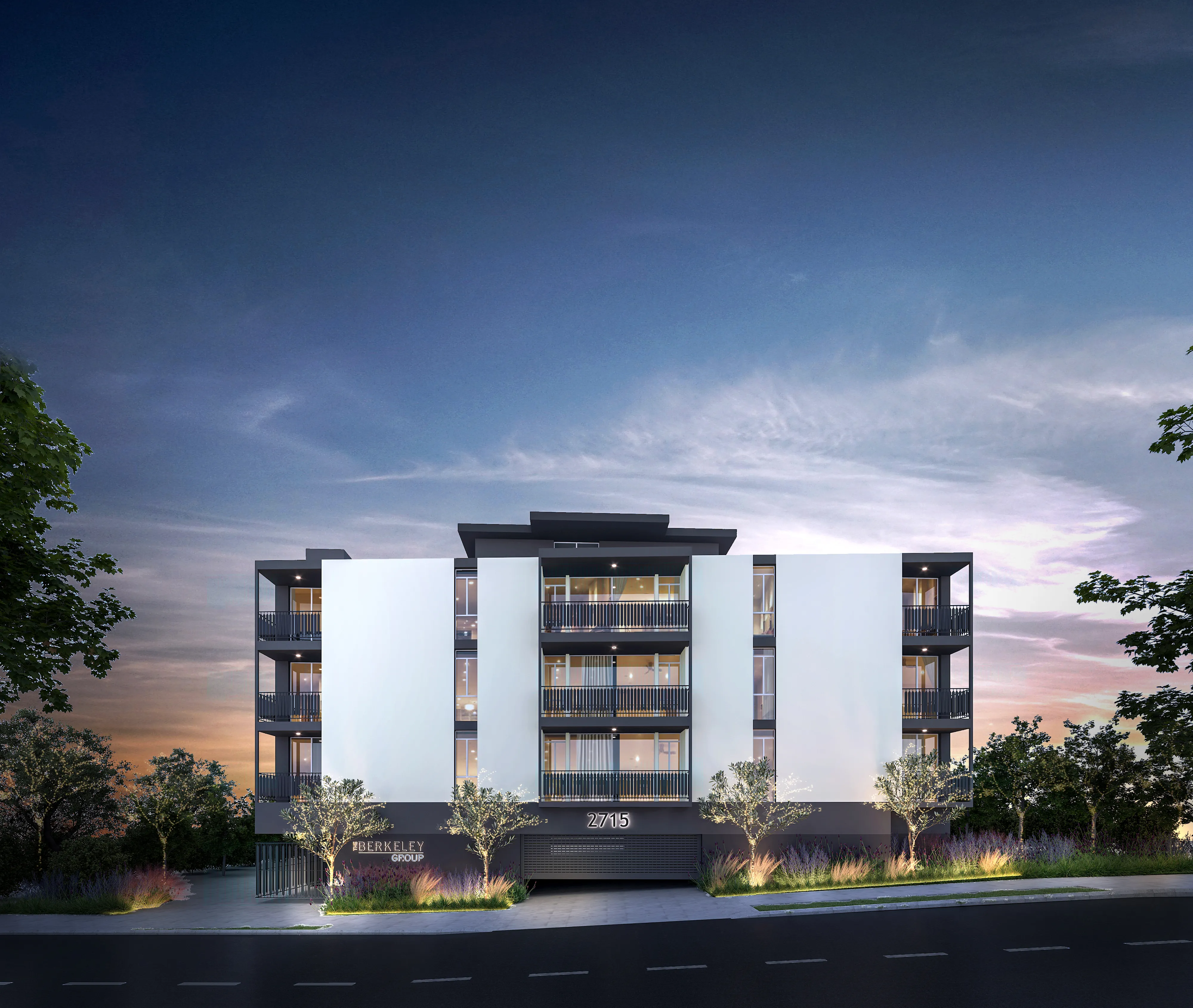 Modern apartment building at twilight featuring sleek architecture, expansive balconies, and lush landscaping.